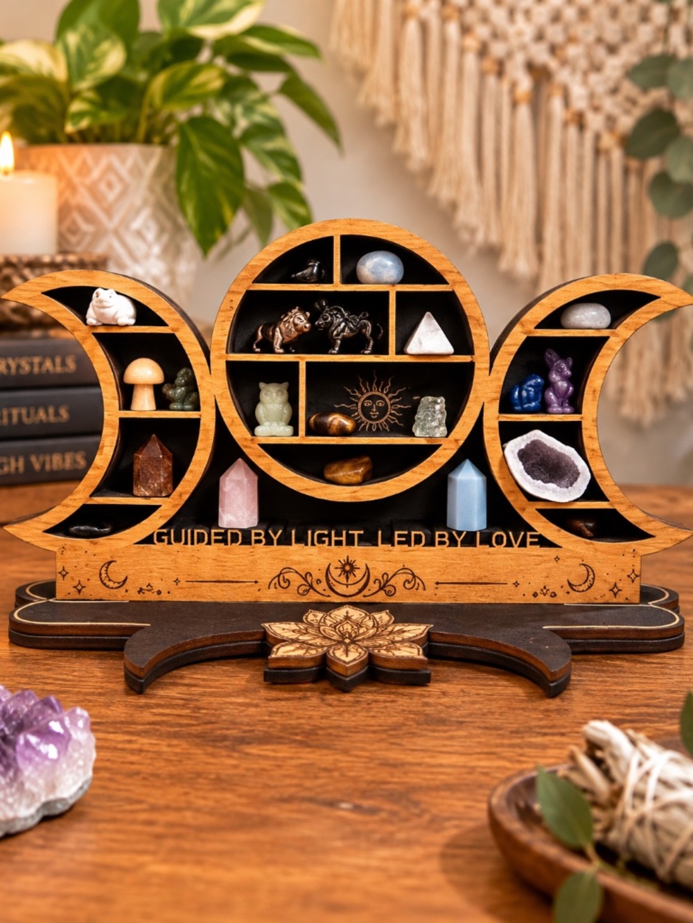 Triple Moon Crystal Display Shelf, Freestanding Wooden Celestial Altar Organizer